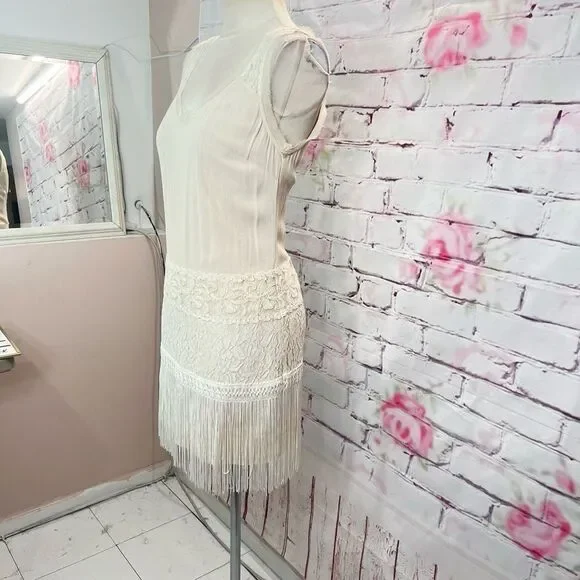 Ark & Co Women's Lace Fringe Cream Chiffon Sleeveless Mini Shift Dress Size S - Picture 7 of 14